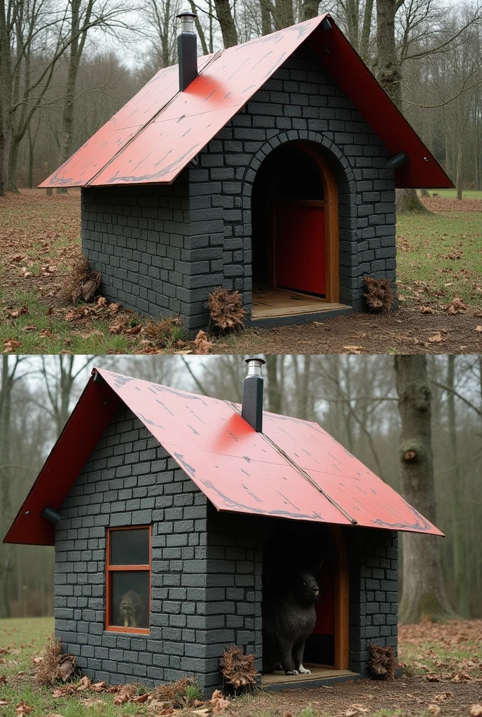 Shelter made of recyclable materials for animals, the shelter is made of cardboard but is painted with black and gray bricks., and the red roof with some details