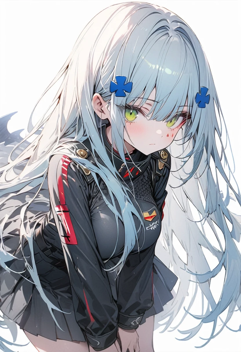 （(One girl)），8k,Super detailed,(((High resolution)))，straight hair,Large Breasts,(masterpiece)，Very detailed，Simple Background，Juvenile,A sharp expression,White Background，Cool look,((hk416)) ，(Expressionless)，（(sky blue hair))，((Long Hair))，age Girls,Clear Eyes，(Green Eyes),Clear white skin,Great graphics,Black military uniform,full body,mini skirt,standing,kneehighs,clear,Thighs,Beautiful feet,