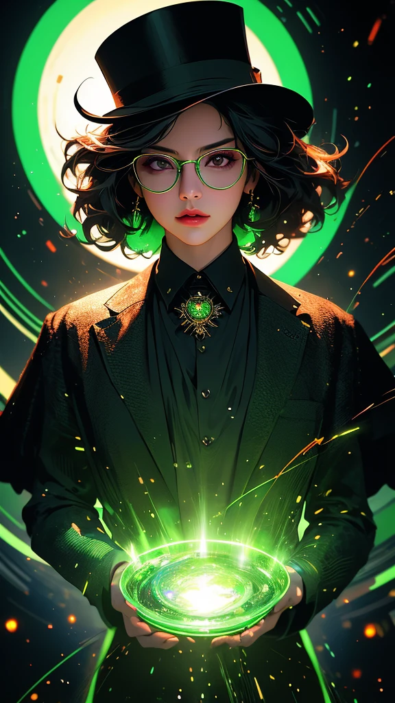 a cinematic portrait of 1 girl, the wizard of oz, wearing a black cloak, top hat, shirt, round green glasses, belt, pants, rings, earrings, with curly burgundy hair, set in a green color spectrum with mystification effect, green magic fog, vibrating air, abnormal tension, (double exposure effect: background in the foreground white background on a dark background), hyperrealistic character, (Sumi 1.1 liquid ink drawing), dark rich colors, (high quality digital oil 1.1), luminescent neon outlines, complex and multi-layered design, white background, double exposure - step by step exposure by layers, VFX, cinematic lighting, vibrant colors, photorealistic, concept art style,(best quality,4k,8k,highres,masterpiece:1.2),ultra-detailed,(realistic,photorealistic,photo-realistic:1.37),HDR,UHD,studio lighting,ultra-fine painting,sharp focus,physically-based rendering,extreme detail description,professional,vivid colors,bokeh