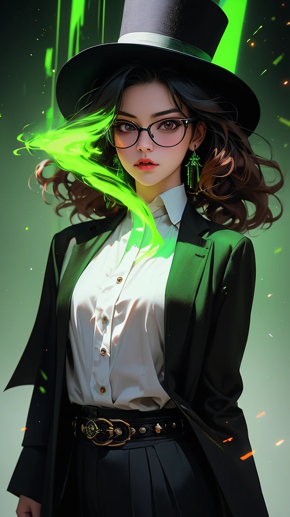 a cinematic portrait of 1 girl, the wizard of oz, wearing a black cloak, top hat, shirt, round green glasses, belt, pants, rings, earrings, with curly burgundy hair, set in a green color spectrum with mystification effect, green magic fog, vibrating air, abnormal tension, (double exposure effect: background in the foreground white background on a dark background), hyperrealistic character, (Sumi 1.1 liquid ink drawing), dark rich colors, (high quality digital oil 1.1), luminescent neon outlines, complex and multi-layered design, white background, double exposure - step by step exposure by layers, VFX, cinematic lighting, vibrant colors, photorealistic, concept art style,(best quality,4k,8k,highres,masterpiece:1.2),ultra-detailed,(realistic,photorealistic,photo-realistic:1.37),HDR,UHD,studio lighting,ultra-fine painting,sharp focus,physically-based rendering,extreme detail description,professional,vivid colors,bokeh