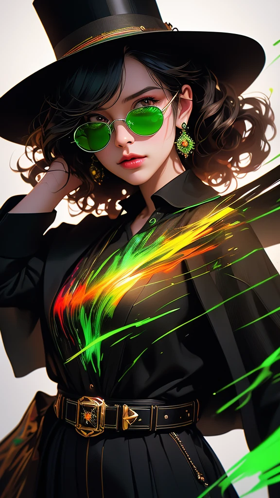 a cinematic portrait of 1 girl, the wizard of oz, wearing a black cloak, top hat, shirt, round green glasses, belt, pants, rings, earrings, with curly burgundy hair, set in a green color spectrum with mystification effect, green magic fog, vibrating air, abnormal tension, (double exposure effect: background in the foreground white background on a dark background), hyperrealistic character, (Sumi 1.1 liquid ink drawing), dark rich colors, (high quality digital oil 1.1), luminescent neon outlines, complex and multi-layered design, white background, double exposure - step by step exposure by layers, VFX, cinematic lighting, vibrant colors, photorealistic, concept art style,(best quality,4k,8k,highres,masterpiece:1.2),ultra-detailed,(realistic,photorealistic,photo-realistic:1.37),HDR,UHD,studio lighting,ultra-fine painting,sharp focus,physically-based rendering,extreme detail description,professional,vivid colors,bokeh