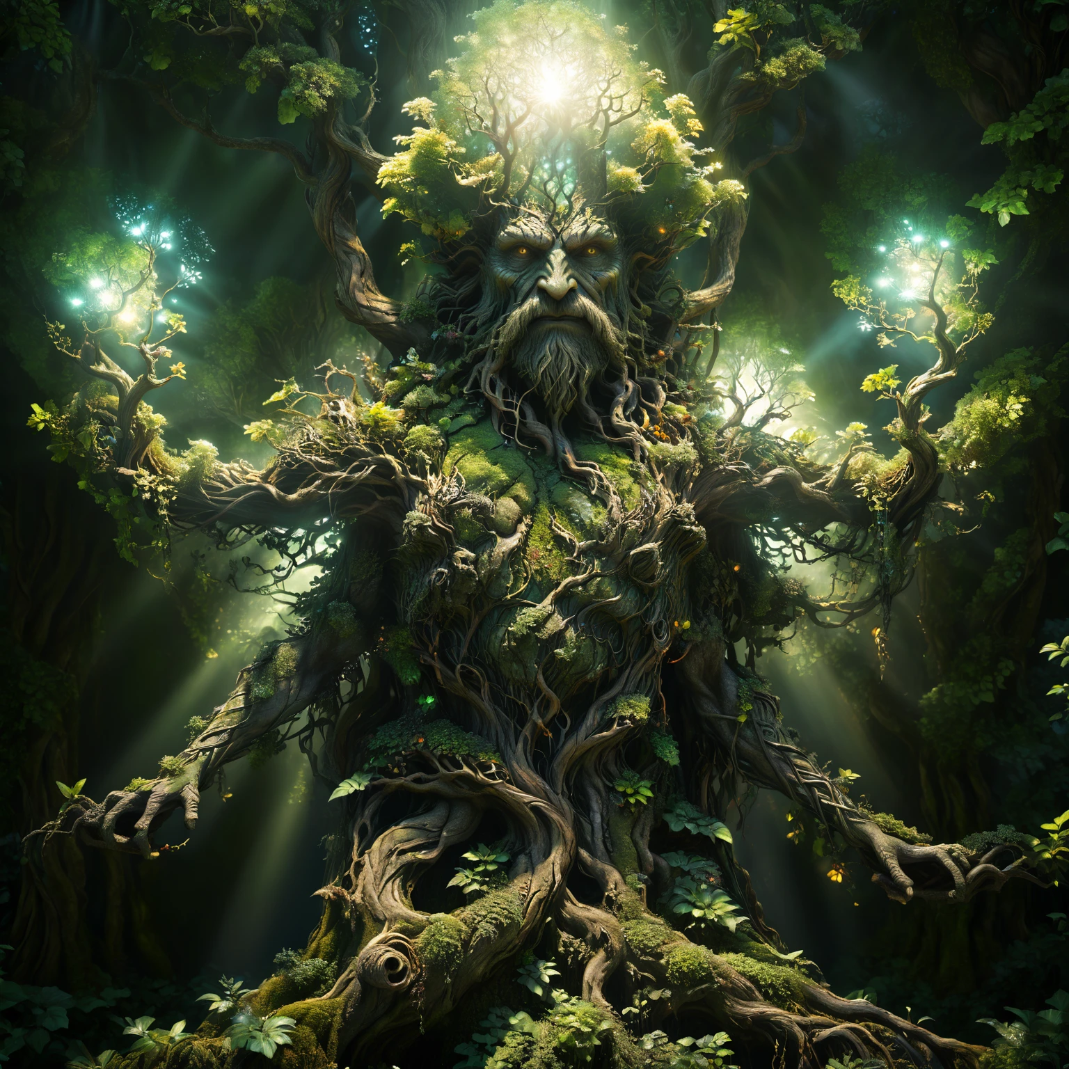 a magical treebeard using nature's power to heal, art nouveau style, ultra-detailed, 8k, highly realistic, dramatic lighting, vivid colors, intricate patterns, organic textures, ethereal atmosphere, fantasy, lush vegetation, glowing magical energy, radiant colors, dramatic shadows and highlights, masterpiece