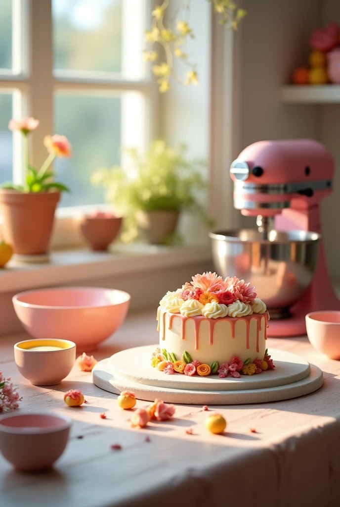 A soft and attractive image of a confectionery work table. May include some items like a mixer, bowls with colored icing, some edible flowers or a cake decoration in progress.
• Alternatively, a photo of a semi-decorated cake, with details in progress, showing the art of cake design.