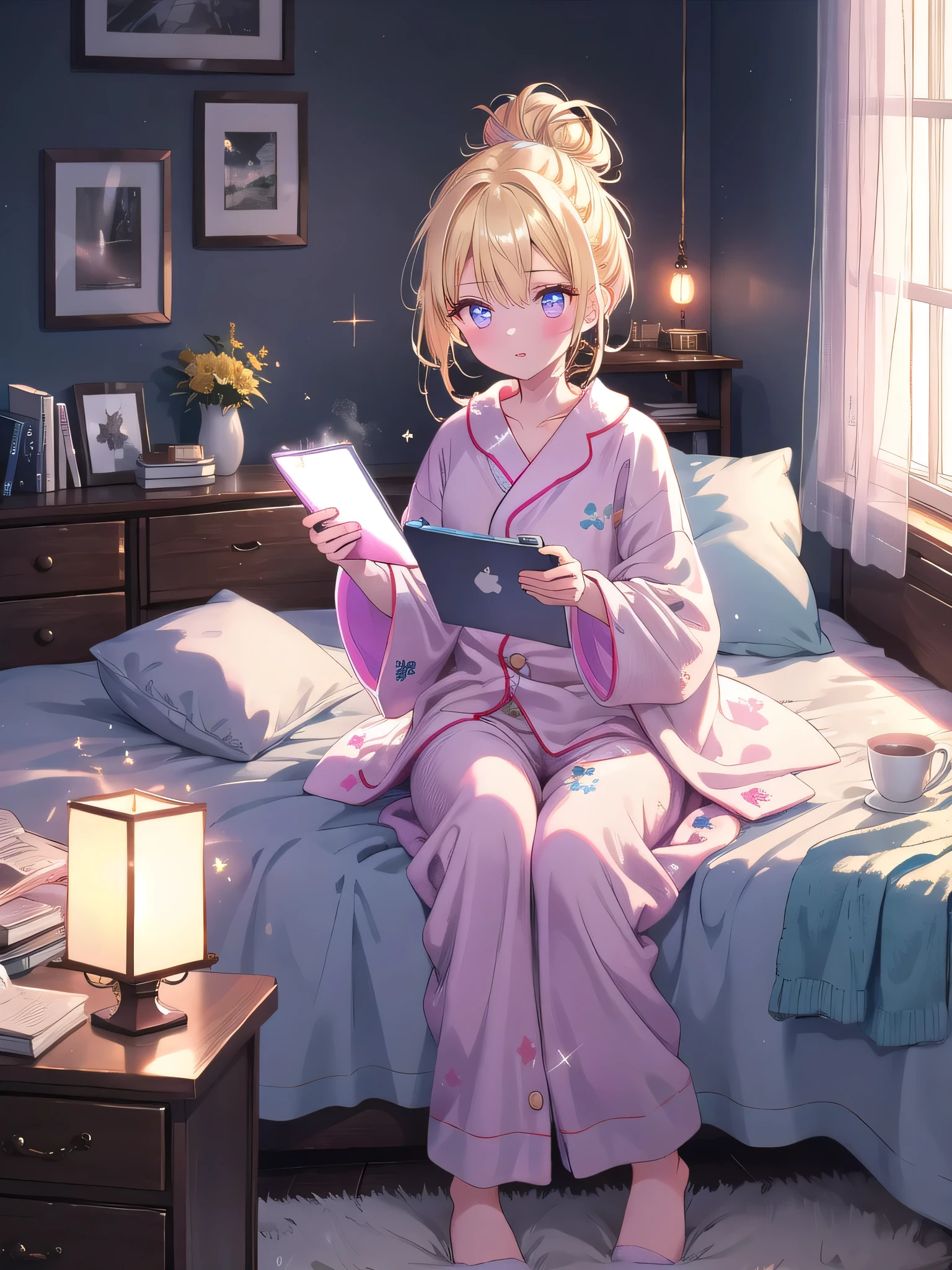 ((8k, Highest quality, masterpiece: 1.3)),Ultra-high resolution,(1 girl, alone), (Color changing eyes, Ultra-detailed, Expressive brilliance, Glitter, Glowing Eyes), Highly detailed eyes, Highly detailed face, Random Hair, ((pastel colour))A relaxed young woman with pastel yellow hair styled in a loose bun, sitting on her bed with her laptop on her lap. It’s late at night, and the only light comes from a small lamp on her bedside table, creating a calm and intimate atmosphere. She is dressed in a comfy pajama cosplay, with a fluffy robe and bunny slippers. The camera captures her from a close-up angle as she casually browses online stores for new cosplay ideas, her expression relaxed and content. The room is cozy and cluttered, with blankets and pillows piled up, a few books on the nightstand, and a cup of hot tea steaming beside her.

