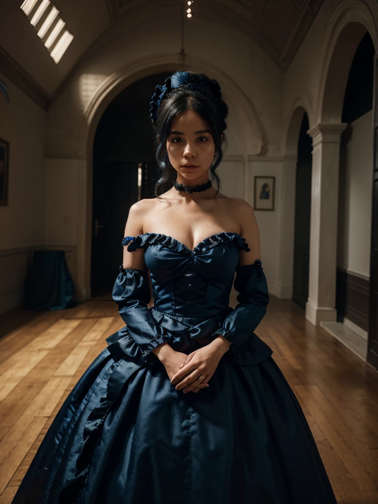highly detailed, 8k, masterpiece, a girl, Blue ruffles_balck hair_tube, gown, bend_O o'that's all , grin, (perfection_face), meeting, machine, Glittering, complex, dramatic lighing, 4K, detailed_backdrop, Etchant, full_Body, (surreal:1.3), bloom,(beautiful lighting:1.3), Etchant, dynamic lighting, beautiful lighting, (Dakota Fanning:0.5)