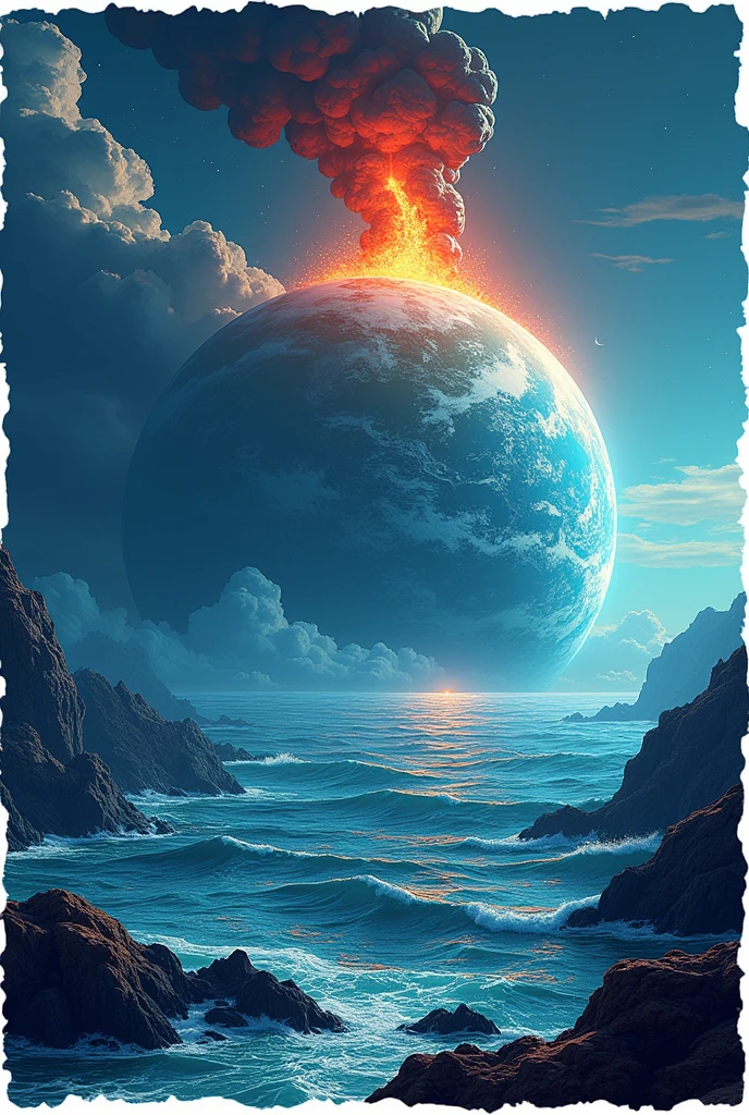 
"Create an image of of a new planet looks outside in the atmosphere . The planet features vast oceans cover much of the surface with volcanic eruptions" 

the view of the planet must be in the outside of the atmosphere make it unique and add boarders to transfer or draw it in the paper and make it drawable like a cartoon 
