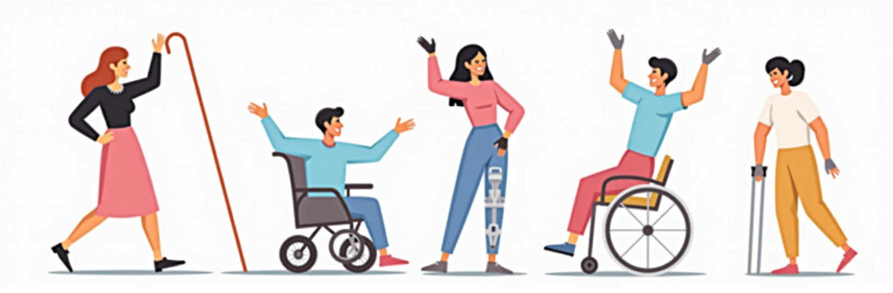 Set Disabled Characters Blind Woman with Cane, Man in Wheelchair, Woman with Robotic Hand Prosthesis, Girl on Crutches