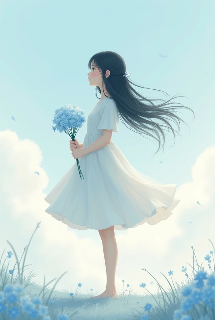 "A serene illustration of a girl with long, flowing black hair holding a bouquet of blue flowers, standing against a backdrop of soft, fluffy clouds in the sky. The girl is depicted in a side profile, wearing a simple, elegant dress, with the breeze gently moving her hair."