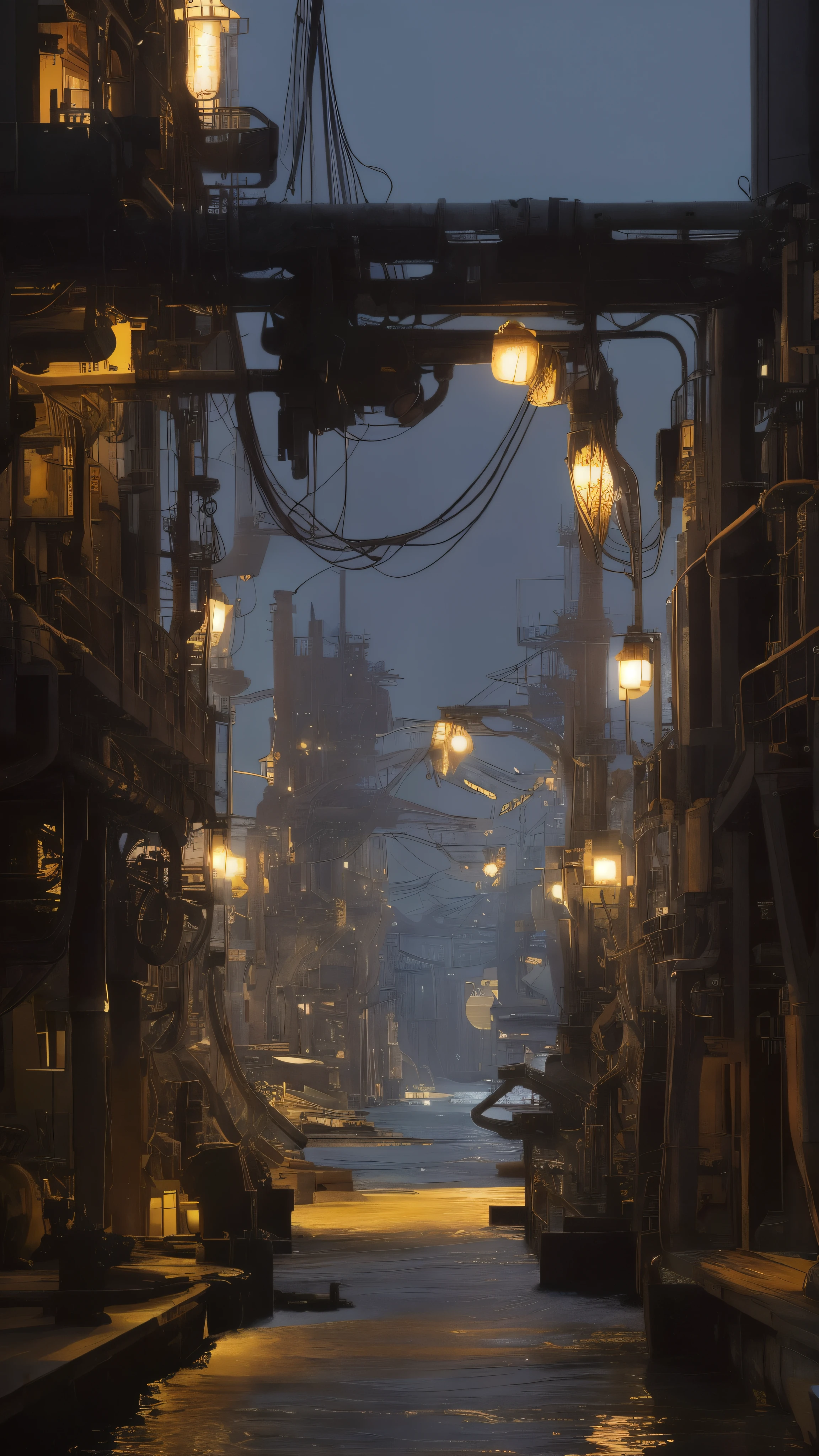 Background only、Factory night view from the sea、Shining、Pipes cross、Pale white light、Looks like a photo、The futuristic factory、See the full picture、future、Beautiful lighting、steampunk style