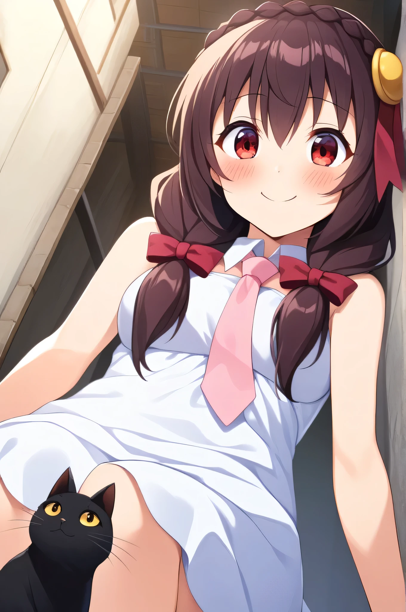 alone, A girl sitting in a sports position, Yunyun, (A slightly surprised smile:1.5)、 (blush:1.5)、Crown braids of the same color as your hair, Red Eyes、hair ornaments, Hair Ribbon, Pink tie, White dress, alley、(See a black cat and feed it)、heart、View from below