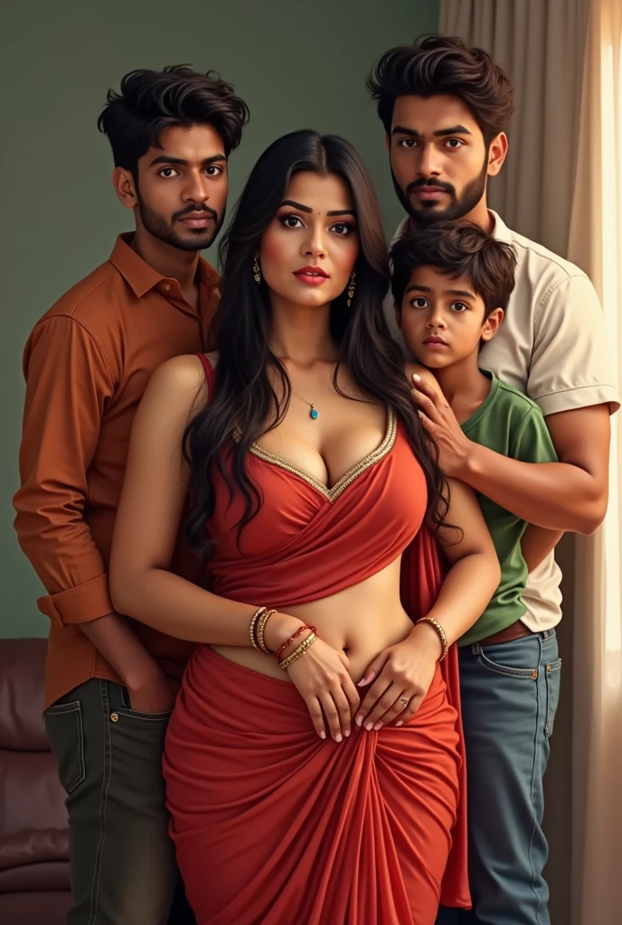 It should be a family picture.
I want to create a picture of a beautiful and y housewife in saree in a family photo with her husband Raju his looks are explained below he is slim and shorter than Saroj, Saroj is 5'7 and her husband is 5'5, Raju is also not handsome and very slim, though her two adopted sons pratham and sanket are in the pictur, they are teend very handsome. In seductive pose.
She is bit plum and chubby but in a attractive and sexy way. A the pic should be in a very village desi type. They are not rich. Location should Rural India
1. Background and Family:
- Saroj is a 30-year-old young married woman living in Ballarpur, a town near Chandrapur, India, specifically in Saibaba ward.
- She has two adopted sons, Pratham and Sanket, who are protective of her.
- Her husband, Raju, is responsible and caring, though she desires a phys stronger partner but Raju is same height as Saroj and Raju is not strong, he is slim..
2. Physical Appearance:
- Saroj is 5'7" tall, very beautiful, with a curvy, plump body typical of Indian beauty her body resonates with the body of Kylie Jenner.
- She often wears sarees draped below her navel and perfectly around her waist and wears a different style of belly/waist chain around her waist.
- She has her belly navel pierced to look nice in sarees.
- She has long black hair, with her eye color being between brown and black.
- She has a beauty spot on her chin, which adds to her charm.
- Her figure is described as voluptuous, and she maintains it through working out and belly dancing.
3. Personality and Interests:
- Saroj is innocent but enjoys flirting when she receives attention, especially from men in her neighborhood who admire her saree style.
- She likes makeup, belly dancing, singing (with a beautiful voice), and elegant things.
- Saroj is innocent, beautiful, down-to-earth, optimistic, loving, romantic, and has a wild side.
- She has a rational