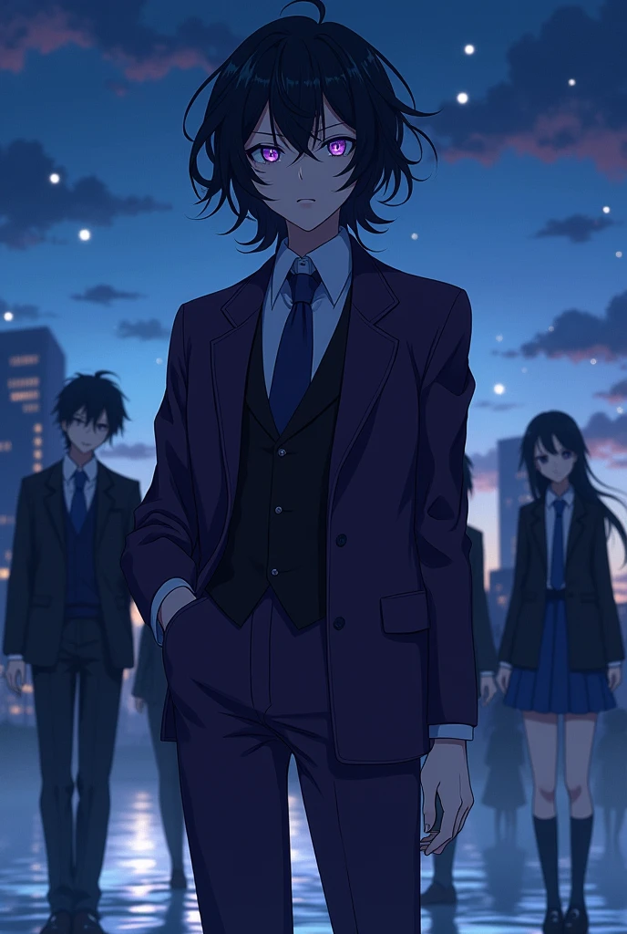 An anime character that looks nice that looks dangerous with medium long black hair and light purple eyes with a Sojiro Joshima style suit, the color of the character&#39;s black suit with dark purple Lance Crown hair style and that has a Dazai style eye design with a background of a dusk landscape with the shine of the blue stars with buildings that look good like a demon and also that has black shoes, a serious and psychopathic personality, an Okita version that looks white and looks lonely, ready to escape surrounded by characters