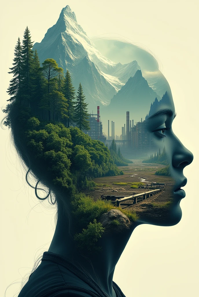 draw me a poster, (portrait) Left side of the face is a healthy environment with beutifull landscape and forest, mountains. and the right side of the face is the opposite of it bad environment that has been developed by humans, Commercial buildings, manifacture(factories) and waste lands,  (with more features, and more to the background)