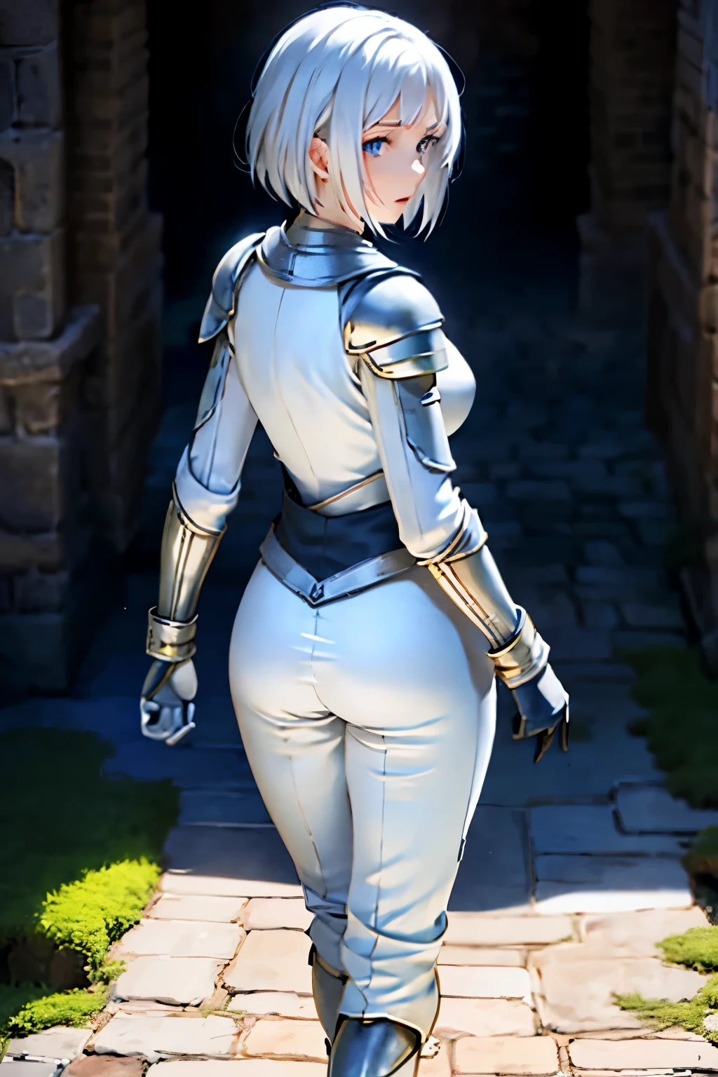 (masterpiece))), (((best quality))), ((ultra-detailed)), (cinematic lighting), (illustration), (beautiful detailed eyes), (1girl), full body, knight, armour, light hair, best quality, expressive eyes, perfect face, Girl: (20s, white hair, short hair, white jumpsuit, grey and blue armour, black gloves, knee boots, white pants), dungeon, brick floor, stone floor, underground, moss, walking, armored leotard, back, back focus, walking