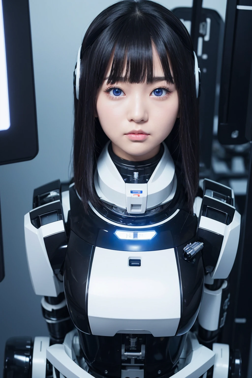 masterpiece, best quality, extremely detailed, Japaese android girl,portrait,Plump,a bit chubby,control panels,android,Droid,Mechanical Hand, Robot arms and legs, Black hair,Blunt bangs,perfect robot girl,long tube,thick cable connected her neck,android,robot,humanoid,cyborg,japanese cyborg girl ,robot-assembly plant,She is assembling now,assembly scene,blue eyes,chest monitor