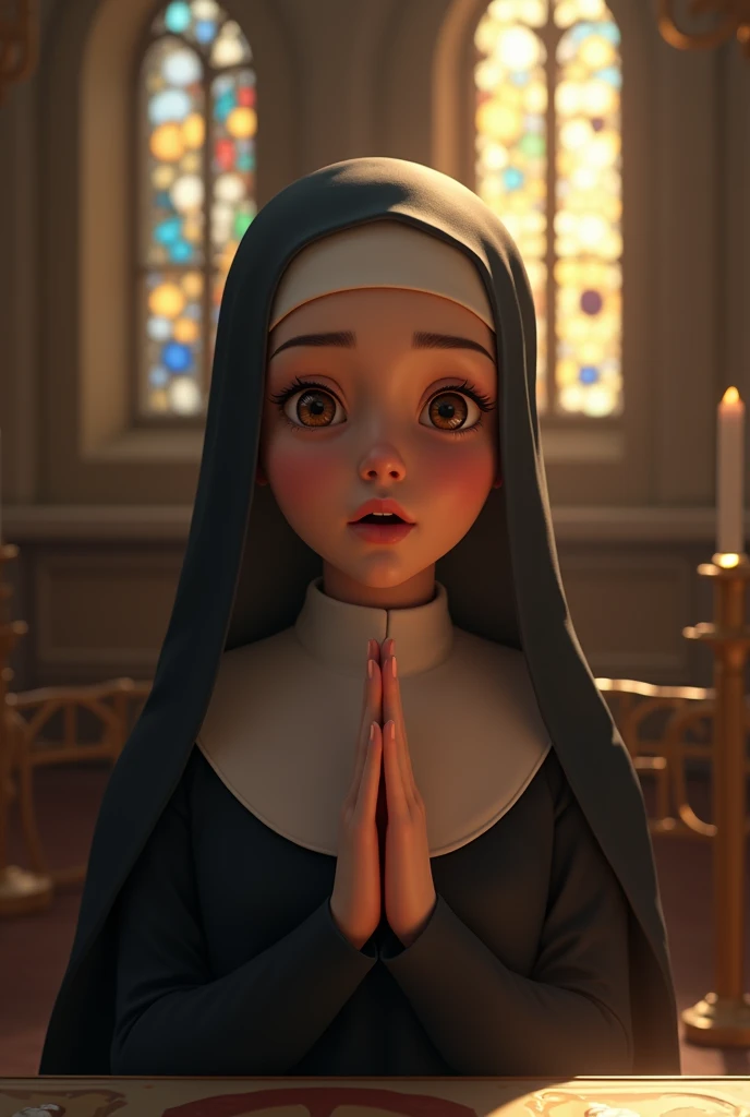 眼をclose_Open your mouth wide:1.5_Beautiful young nun, Kneel and look up, At the altar of the chapel, Shooting from above, Front of body, (Detailed face, Highly detailed eyes and face, high quality, 8k, Realistic, masterpiece:1.2), (close, High angle shot), The ornate interior of the cathedral, Stained Glass Windows, Warm lighting, Serene atmosphere, religious, spiritual, Dedication, Contemplative
