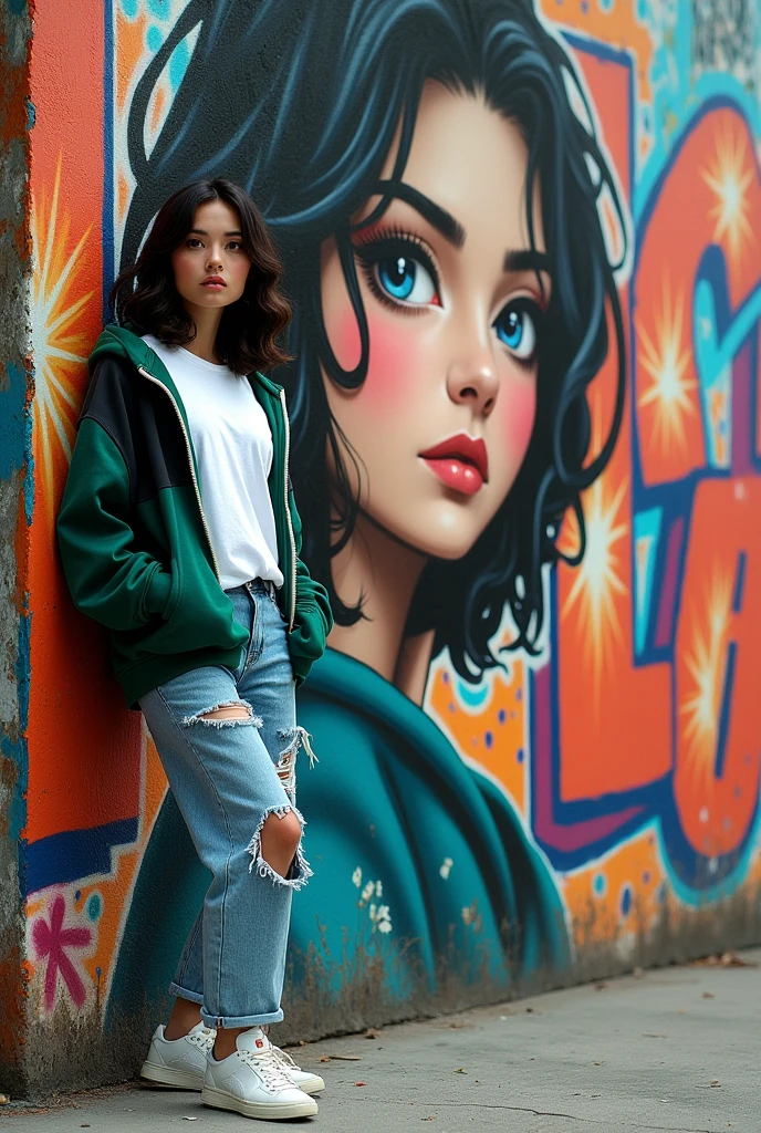 A woman stands next to a wall with vibrant graffiti art. The graffiti depicts a large, stylish portrait of the woman's face and the word “APRILIA”. The woman was wearing a white Japanese-style t-shirt, green and black hoodie, ripped jeans, and sneakers. The graffiti background has various colors and artistic elements