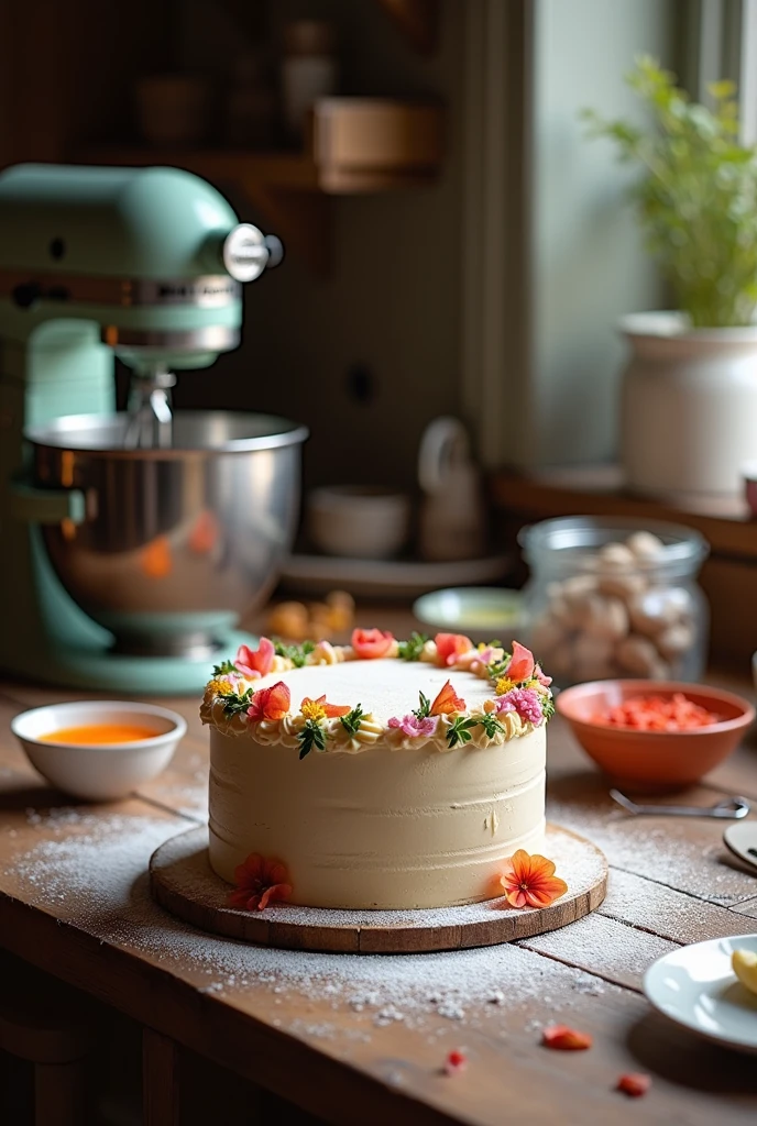 A soft and attractive rustic image of a pastry work table. May include some items like a mixer, bowls with colored icing, some edible flowers or a cake decoration in progress.
• Alternatively, a photo of a semi-decorated cake, with details in progress, showing the art of cake design.