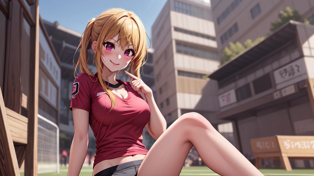 anime, Beautiful Face, Highly detailed face, two exact legs, Pink fine eyes, Highly detailed background, Perfect lighting, Accurate weapons, Accurate hands, Accurate Fingers, Blonde, whole body, One girl, alone, Ruby Hoshino, oshi no ko, The absurdity of the outdoors, High resolution, Super sharp, 8k, masterpiece, look at the other person, (whole body:1.4), Teasing Smile, Tight football T-shirt, Tight sports shorts, 誰かとsoccerをする, Cleavage, on a soccer pitch, soccer