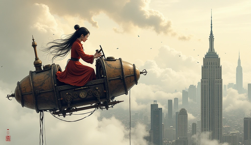 Chinese Ink Style,Steampunk world,Girl piloting steampunk flying machine,Suspended in the air of the city,Thick clouds,Ink Animation Art,Ink Cartoon Art,water ink,inky,Smudge,8K,are delicately depicted,Works of masters,