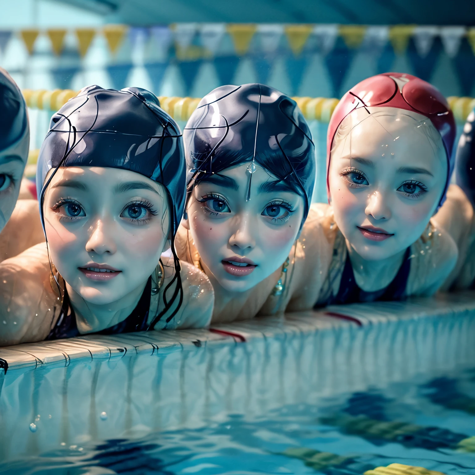 SFW,  ExtremelyDetailed (((Artistic Swimming Kids Team in a row:1.4))), Childish perfect face, Reflective Eyes, Detailed(Delicate Clothing textures), Corrected Leg to Foot Line, Dynamic Joyful Expressions LifeLike Rendering, ((Specular Reflection:1.28)), TopQuality 8K Ultra-detailed masterpiece (ProfessionalPhoto:1.37)(Acutance:0.8),(Luminism),