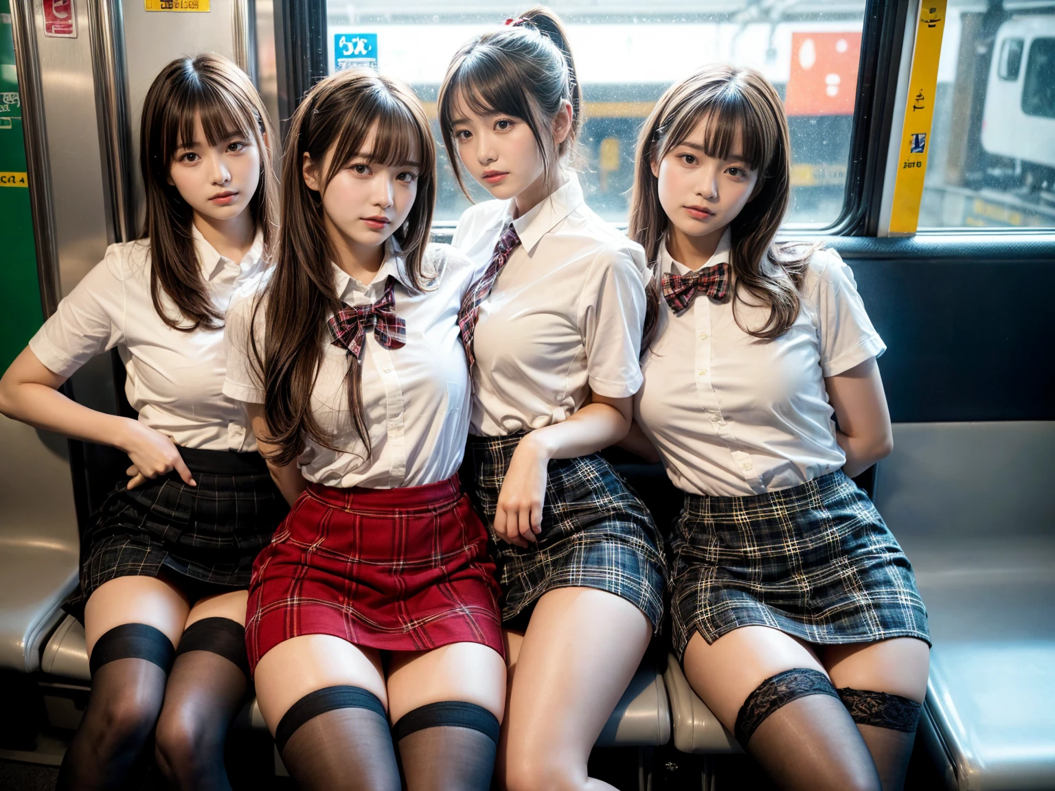 masterpiece, best quality, illustration, Super detailed, fine details, High resolution, 8K,wall paper, perfect dynamic composition,(Details High quality, realistic depiction of eyes:1.3), (3 girls), (white school shirt :1.2), (plaid skirt :1.3), tie black, black thigh-high stockings, sitting, open legs, short bob hair, Sitting on a train in Tokyo, deep on field, large breasts, black hair color, Big Natural Color Lip, (perfect body shape), crying a little、Harajuku style、20 year old girl、cute type、beautiful legs, Gravure Idol