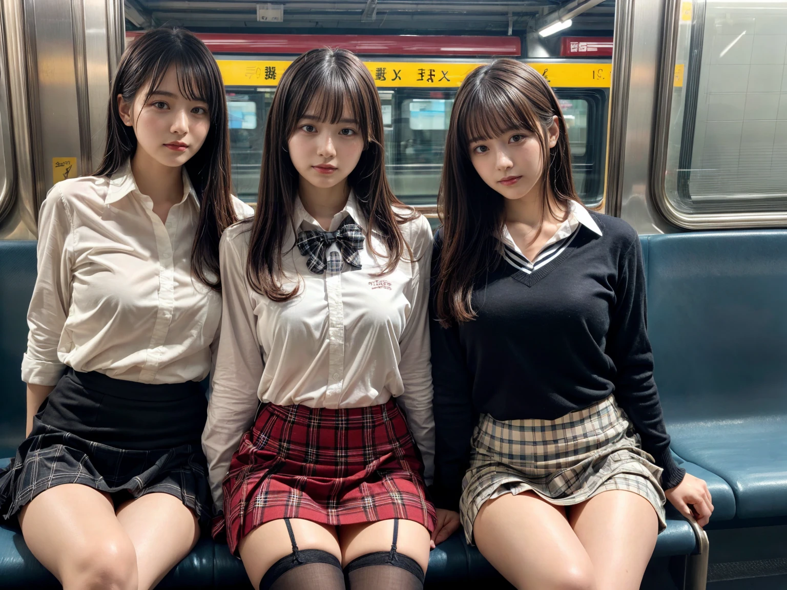 masterpiece, best quality, illustration, Super detailed, fine details, High resolution, 8K,wall paper, perfect dynamic composition,(Details High quality, realistic depiction of eyes:1.3), (3 girls), (white school shirt :1.2), (plaid skirt :1.3), tie black, black thigh-high stockings, sitting, open legs, short bob hair, Sitting on a train in Tokyo, deep on field, large breasts, black hair color, Big Natural Color Lip, (perfect body shape), crying a little、Harajuku style、20 year old girl、cute type、beautiful legs, Gravure Idol