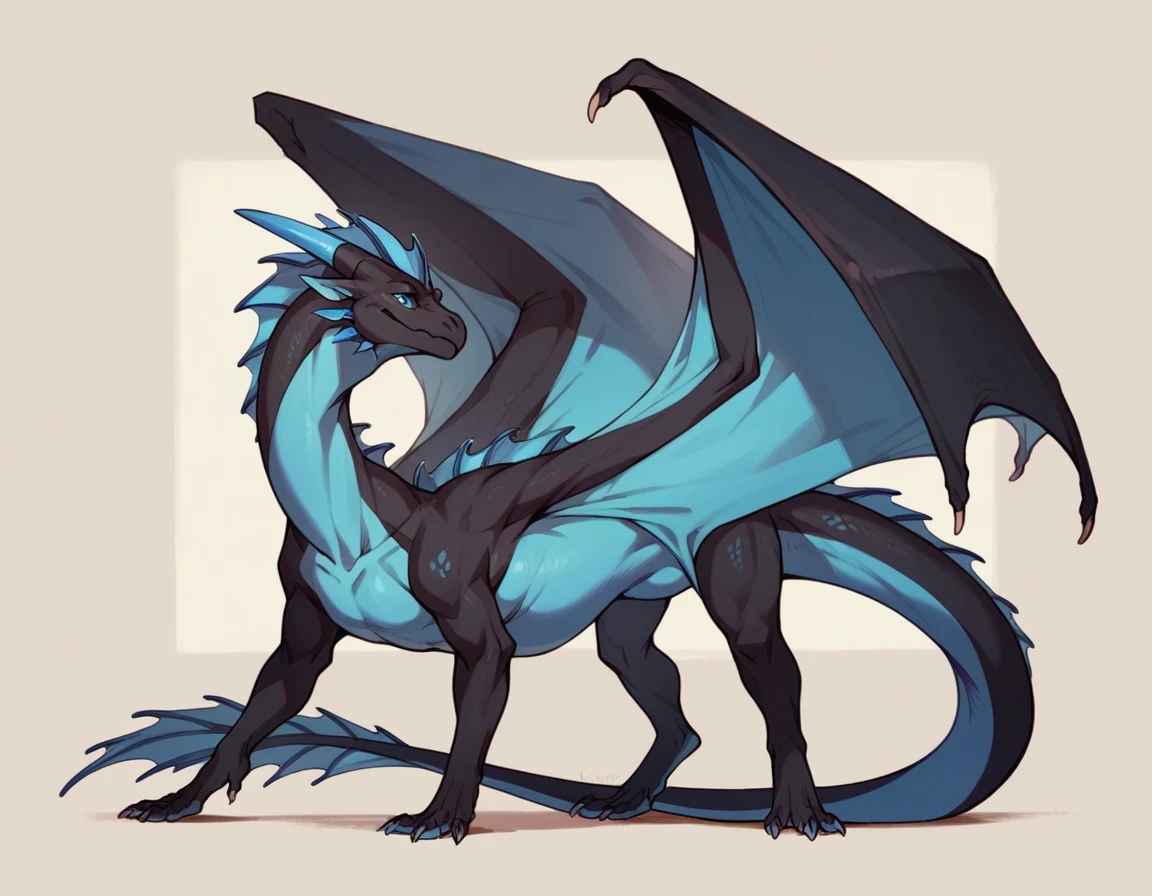Solo, feral dragon, black body, light blue chest and belly, wings, lean physique, predatory, huge