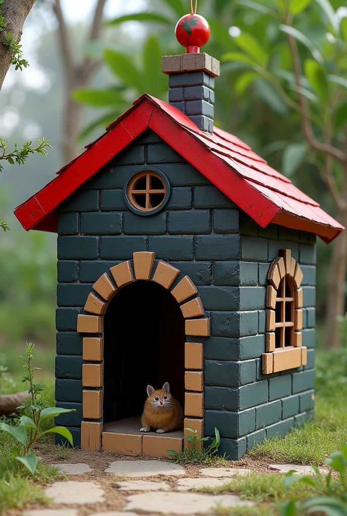 Shelter made of recyclable materials for animals, the shelter is made of cardboard but is painted with black and gray bricks., and the red ceiling with some details
Less realistic 