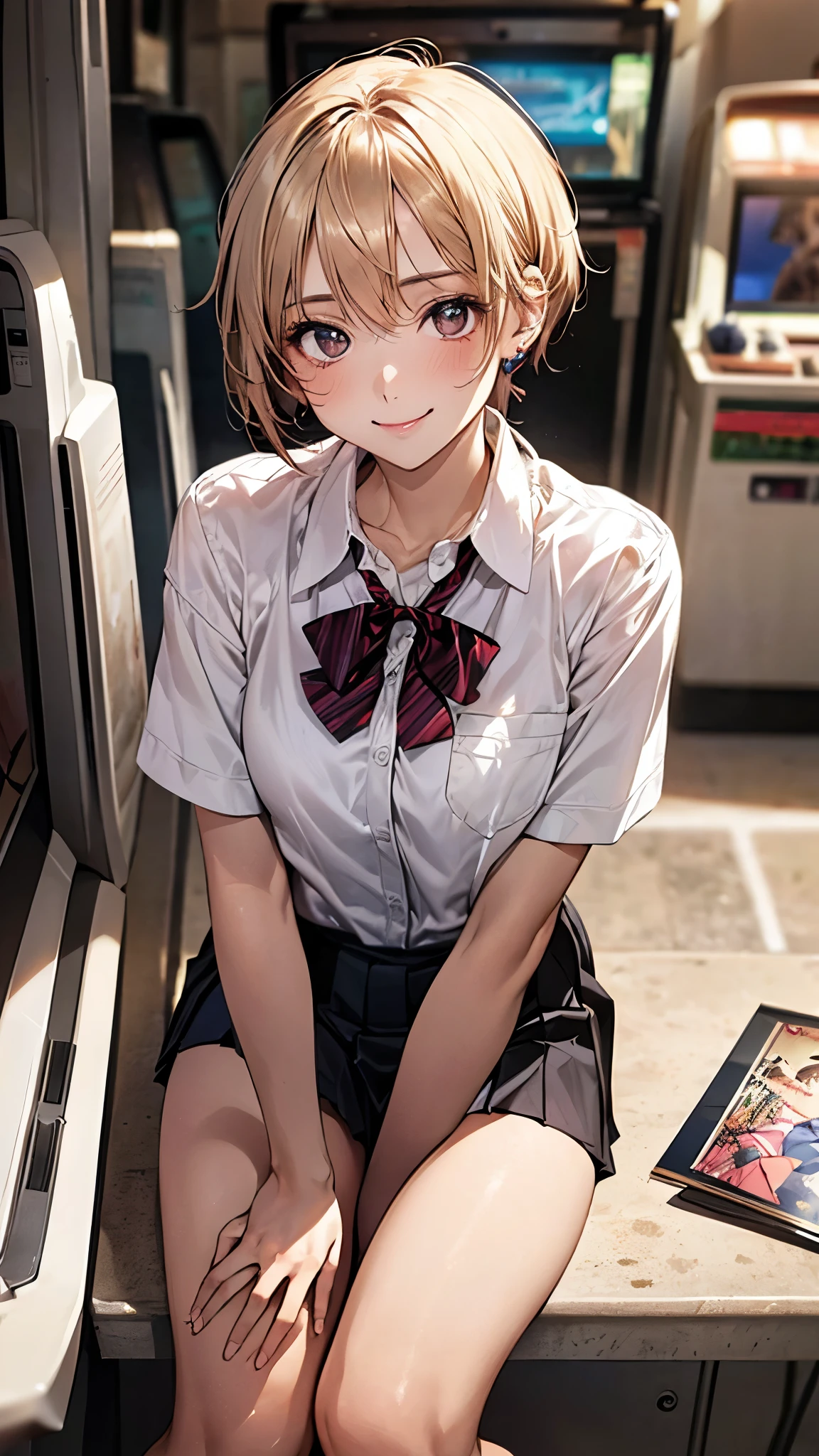 (masterpiece:1.2, highest quality), (realistic photo:1.4), beautiful illustrations, (natural side lighting, movie lighting),
beautiful hair, beautiful face, detailed and beautiful eyes, beautiful clavicle, beautiful body, beautiful breasts, beautiful thighs, beautiful feet, beautiful fingers,
looking at the viewer, 1 girl, high school girl, (perfect anatomy, anatomically correct, super detailed skin), cute symmetrical face, , perfect face, perfect eyes,
(short hair, pixie cut hairstyle, blonde hair), swept bangs, gold eyes, long eye lasher, (medium breasts, seductive thighs), perfect body, shiny skin, slender,
(short sleeve white collared shirt, navy pleated mini skirt, break red bow tie), break white socks, earrings, break
(beautiful scenery), evening, (game_center, scenery, arcade cabinet, chair, poster (object), indoors), (sitting chair), (lovely smile, upper eye),