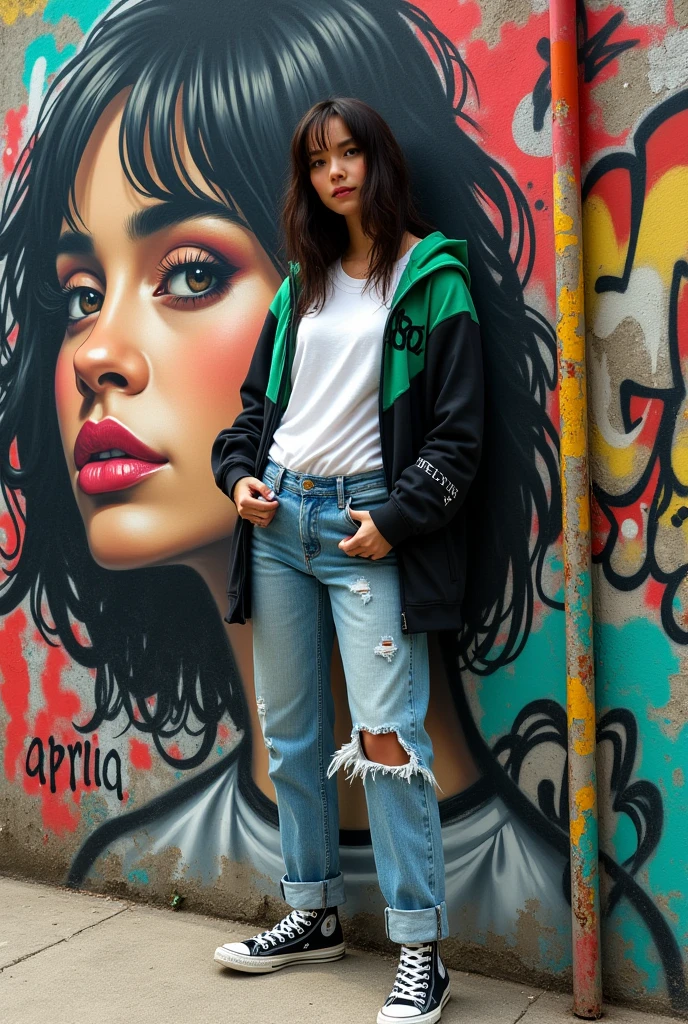 A woman stands next to a wall with vibrant graffiti art. The graffiti depicts a large, stylish portrait of the woman's face and the word “APRILIA”. The woman was wearing a white Japanese-style t-shirt, green and black hoodie, ripped jeans, and sneakers. The graffiti background has various colors and artistic elements