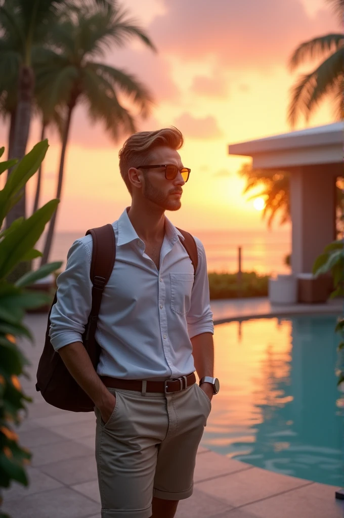 Cool guy enjoying weekend queue at resort with image of infinity pool at sunset and morning sun