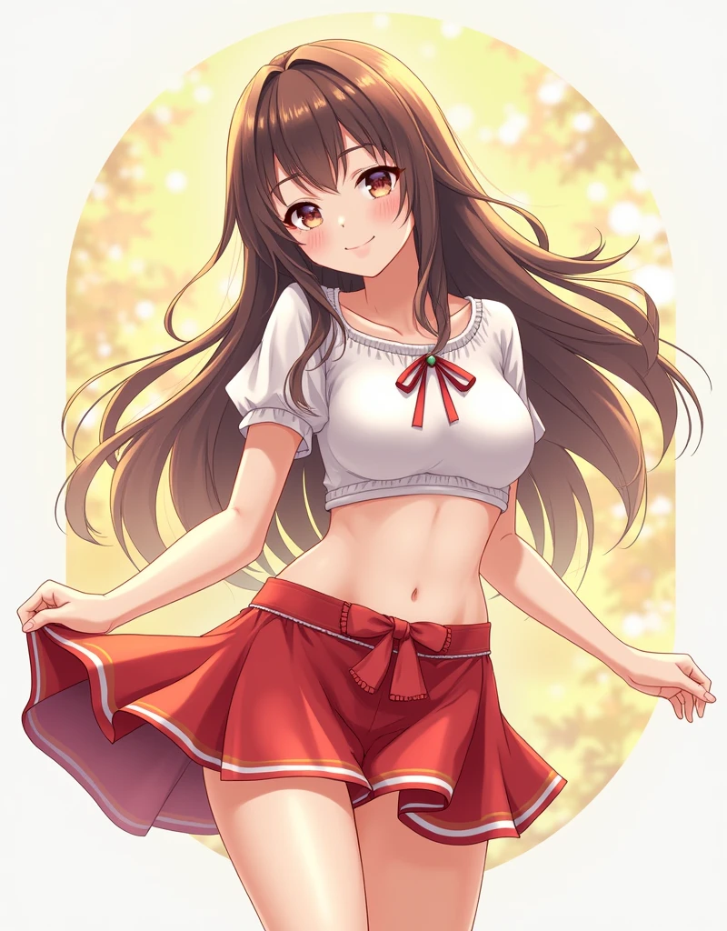 reasonable design, Clear lines, High Sharpness, (highest quality,8K,Perfect sharpness,Ultra fine,High resolution,masterpiece:1.2), Perfect Anatomy:1.5, Official Art, Illustrations that tell a story, (Whitish background:0. 9）、Body Positivity、More Mr.Physical expression、（Random and mischievous poses）、Perfect beauty、Perfect beautiful face、Strong winds、A rich expression、Dynamic composition、smile、Golden ratio composition、colorful、（Mr.Different angles and perspectives）、anime art、mini skirt、（Overcoming stereotypes）、 Glowing Skin、（Natural beauty）、smile、bangs、Straight Hair、（Soft and flowing hair）、（Rural Scenery）、（Nostalgic atmosphere）、Insert up to the thighs、（Playful and carefree）、（More Mr.Ethnic characters）、（innocent attitude）、（Sunny atmosphere）、Skirt flipped up、（Bright colors）、Belly button exposed、Beautiful Eyes、A skirt fluttering in the wind、Put it in to your feet、Some composition patterns、sensuous、Geometric pattern、emotional、Symposium cover、Lens flare、Halation、 face close-up、