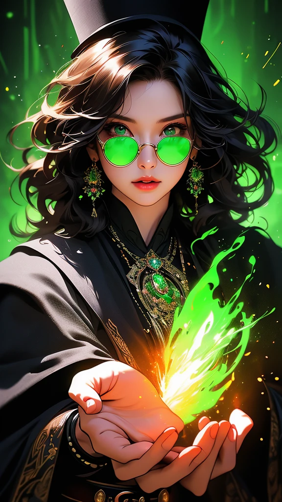 1 girl, the wizard of oz, wearing a black cloak, top hat, shirt, round green glasses, belt, pants, rings, earrings, with curly burgundy hair, set in a green color spectrum with mystification effect, green magic fog, vibrating air, abnormal tension, (double exposure effect: background in the foreground white background on a dark background), hyperrealistic character, (Sumi 1.1 liquid ink drawing), dark rich colors, (high quality digital oil 1.1), luminescent neon outlines, complex and multi-layered design, white background, double exposure - step by step exposure by layers, VFX, cinematic lighting, vibrant colors, photorealistic, concept art style,(best quality,4k,8k,highres,masterpiece:1.2),ultra-detailed,(realistic,photorealistic,photo-realistic:1.37),HDR,UHD,studio lighting,ultra-fine painting,sharp focus,physically-based rendering,extreme detail description,professional,vivid colors,bokeh