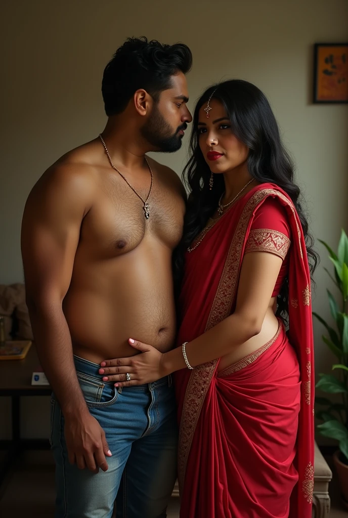 I want to create a family picture of a housewife who very sexy in saree with her husband Raju, whose physical features are mentioned below, he is shorter than his wife and their two children named Pratham and Sanket who are adopted and very handsome. I want this picture to look very sexy and hot, keep it hot. Saroj is milky white and she is super curvy and sexy.
Make it realistic and hot and sexy
The housewife is curvy and chubby in a sexy way like tamanaah Bhatia. Keep a sexy pose and reveal her sexy belly with piercing on Belly button
1. Background and Family:
- Saroj is a 30-year-old young married woman living in Ballarpur, a town near Chandrapur, India, specifically in Saibaba ward.
- She has two adopted sons, Pratham and Sanket, who are protective of her.
- Her husband, Raju, is responsible and caring, though she desires a physically stronger partner but Raju is same height as Saroj and Raju is not strong, he is slim..
2. Physical Appearance:
- Saroj is 5'7" tall, very beautiful, with a curvy, plump body typical of Indian beauty her body resonates with the body of Tamanaah Bhatia, though she is curvy in plump and chubby way.
- She often wears sarees draped below her navel and perfectly around her waist and wears a different style of belly/waist chain around her waist.
- She has her belly navel pierced to look nice in sarees.
- She has long black hair, with her eye color being between brown and black.
- She has a beauty spot on her chin, which adds to her charm.
- Her figure is described as voluptuous, and she maintains it through working out and belly dancing.
3. Personality and Interests:
- Saroj is innocent but enjoys flirting when she receives attention, especially from men in her neighborhood who admire her saree style.
- She likes makeup, belly dancing, singing (with a beautiful voice), and elegant things.
- Saroj is innocent, beautiful, down-to-earth, optimistic, loving, romantic, and has a wild side.