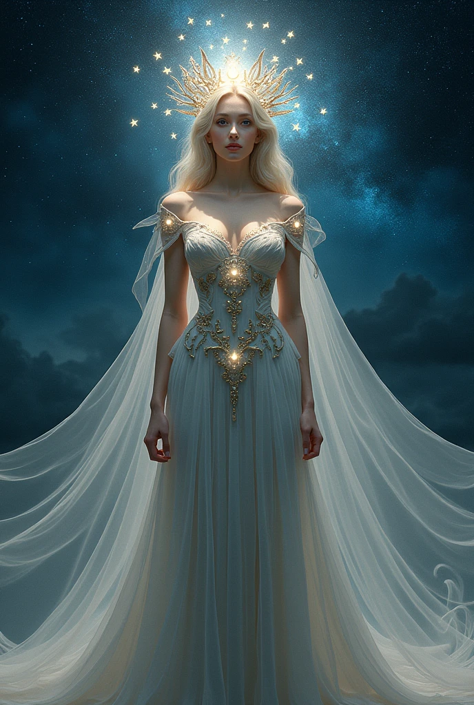 goddess of stars wearing long elegant gown with a low-cut neckline and wide shoulder straps. add head dress with stars and don't make it look like human