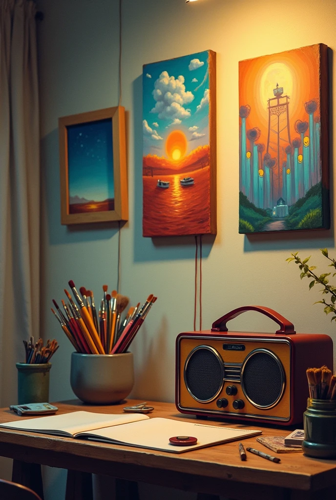 (background) a radio and a cup of paint brushes on a table with three painting on the wall