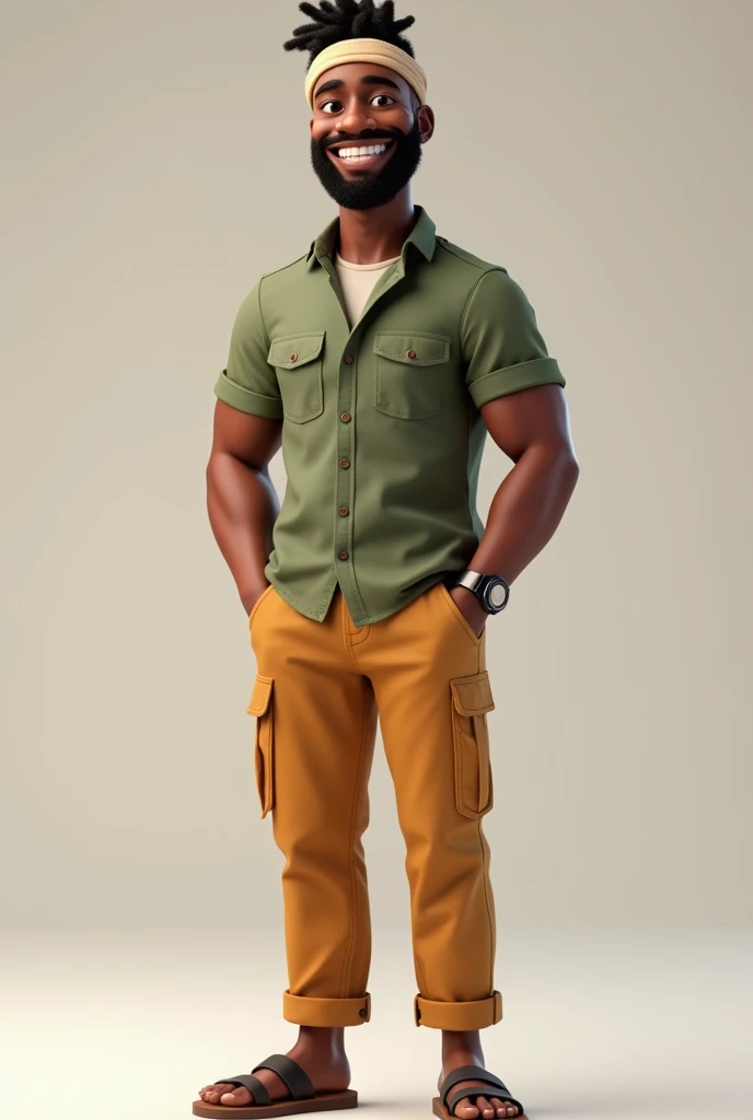 A highly detailed 3D African American man. Full body image. Pixar, Disney like. Plain background. wearing cute utility shirt, utility pants and sandals. He has a cute head sock on the head
