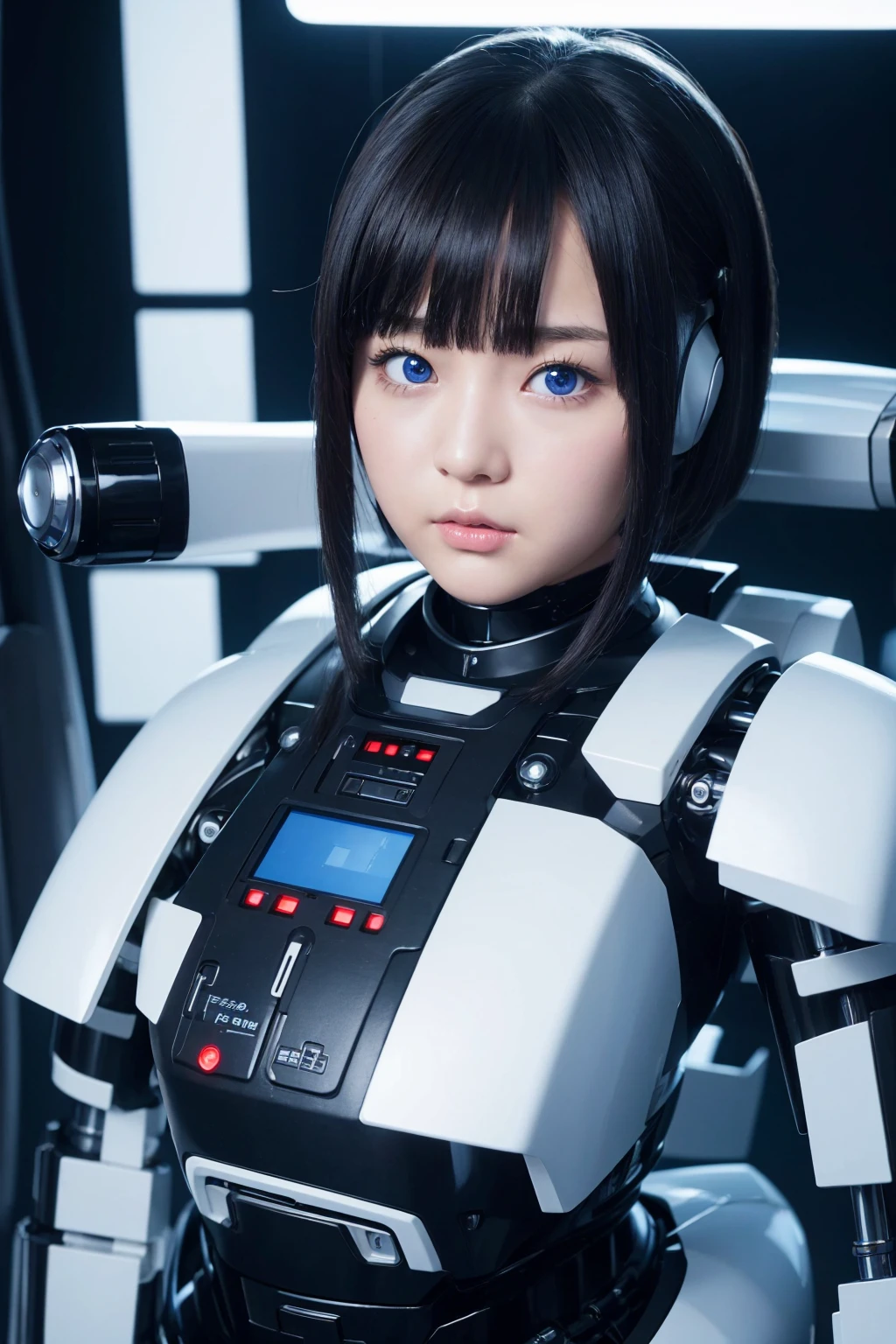 masterpiece, best quality, extremely detailed, Japaese android girl,portrait,Plump,a bit chubby,control panels,android,Droid,Mechanical Hand, Robot arms and legs, Black hair,Blunt bangs,perfect robot girl,long tube,thick cable connected her neck,android,robot,humanoid,cyborg,japanese cyborg girl ,robot-assembly plant,She is assembling now,assembly scene,blue eyes,chest monitor