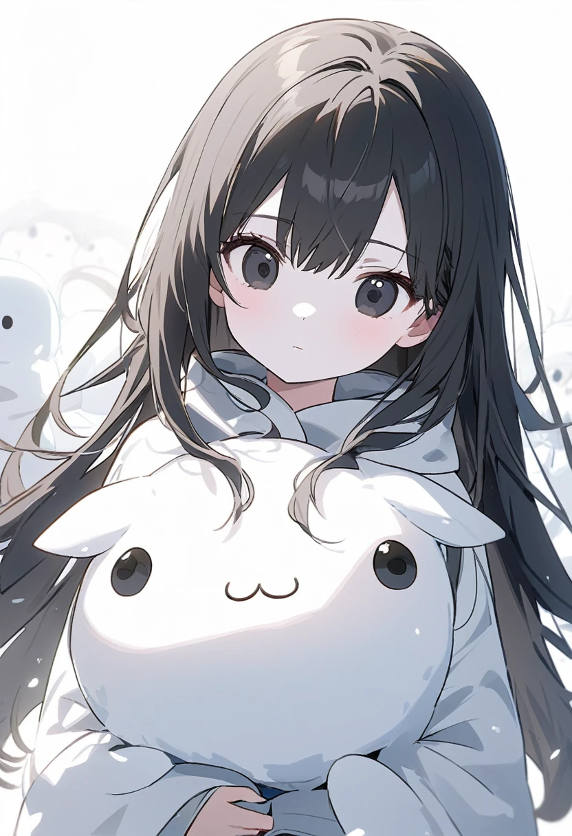 black eyes、White skin、A snow-white、lifeless、The eyes have no highlights.、Snow without highlights、animation style、One、Oneの少女、off-white色、off-white、girl、black hair、Hair color is off-white、thin hair black、long hair、All of the eyes are off-white、A snow-white girl、off-white色のgirl、white background、white background、white room、The eyes have highlights、Emotionless、cute、lovely expression、beautiful