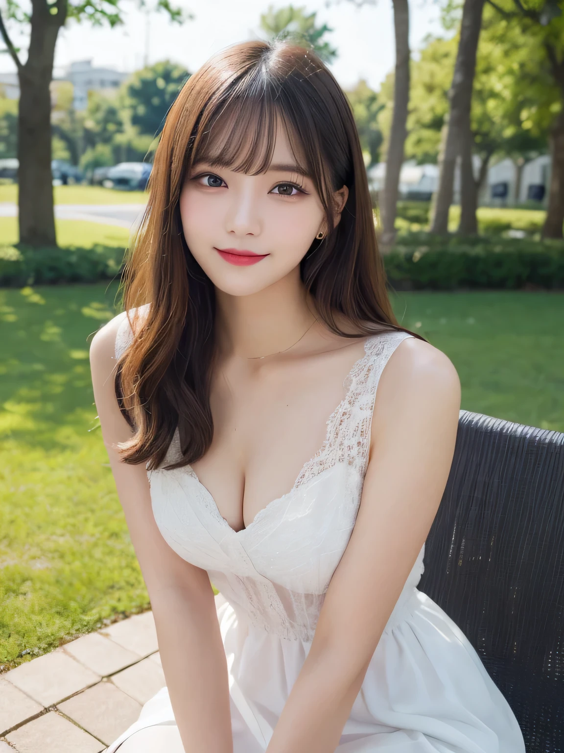 On the table, best quality, illustration, Super detailed, fine details, High resolution, 8k wallpaper, Perfect dynamic composition, Beautiful and delicate eyes, Dores, medium long hair, Small chest, Natural color lips, Casual and sexy pose,Smile, Blurred park background、20 year old girl、huge 、Too much exposure、Dress with a short skirt, Double tail, Half-length photo