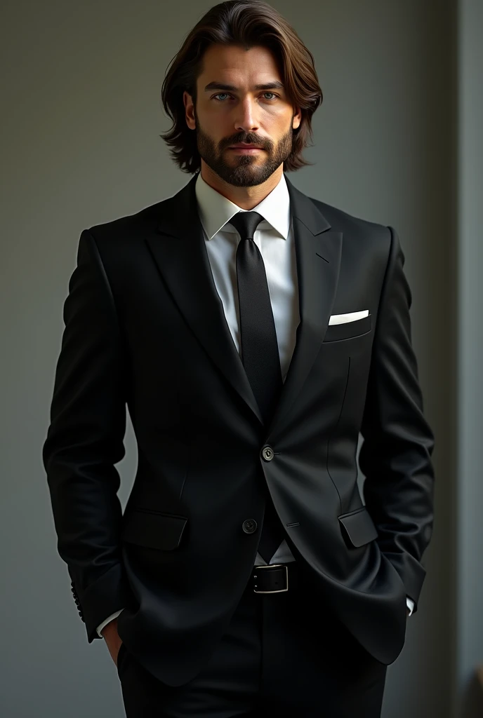 A 35 year old man with brown long hair and a brown beard green eyes wearing black suit and black tie