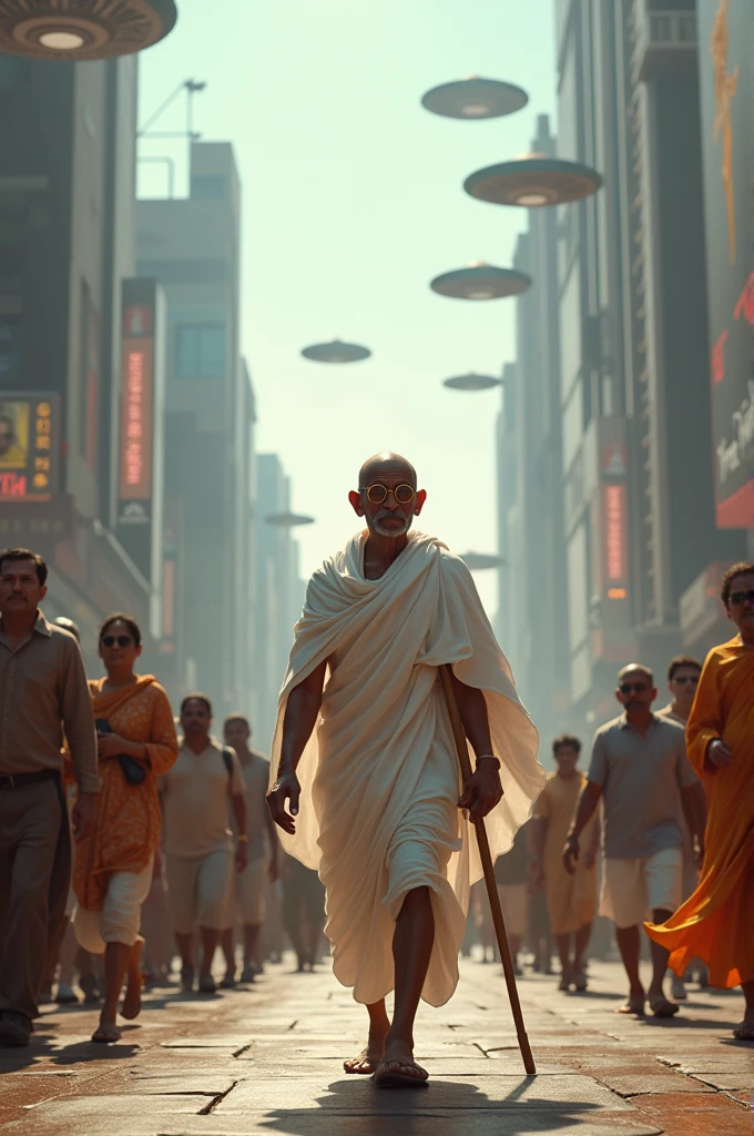 Gandhiji and other freedom fighters walking through a street in futuristic india
