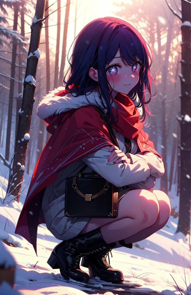 aihoshino, Ai Hoshino, Long Hair, bangs, (Purple eyes:1.1), Purple Hair, (Symbol-shaped pupil:1.5), smile,,smile,blush,white breath,
Open your mouth,snow,Ground bonfire, Outdoor, boots, snowing, From the side, wood, suitcase, Cape, Blurred, , forest, White handbag, nature,  Squat, Mouth closed, Cape, winter, Written boundary depth, Black shoes, red Cape break looking at viewer, Upper Body, whole body, break Outdoor, forest, nature, break (masterpiece:1.2), Highest quality, High resolution, unity 8k wallpaper, (shape:0.8), (Beautiful and beautiful eyes:1.6), Highly detailed face, Perfect lighting, Highly detailed CG, (Perfect hands, Perfect Anatomy),
