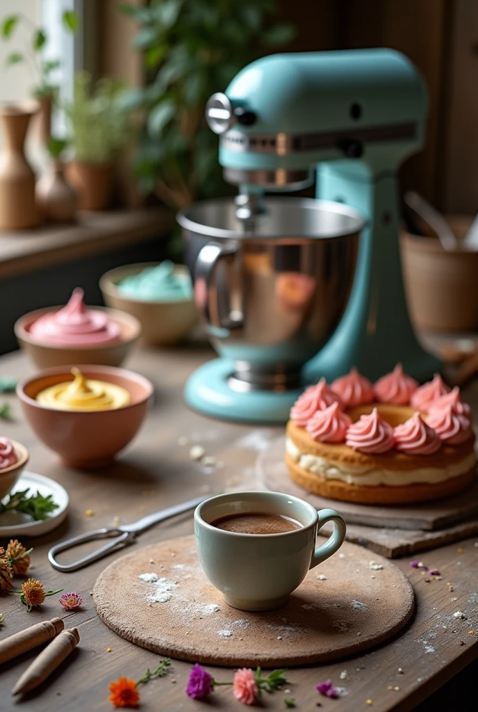 A soft and attractive rustic image of a pastry work table. May include some items like a mixer, bowls with colored icing, some edible flowers or a cake decoration in progress. A cup of coffee in front.
• Alternatively, a photo of a semi-decorated cake, with details in progress, showing the art of cake design.