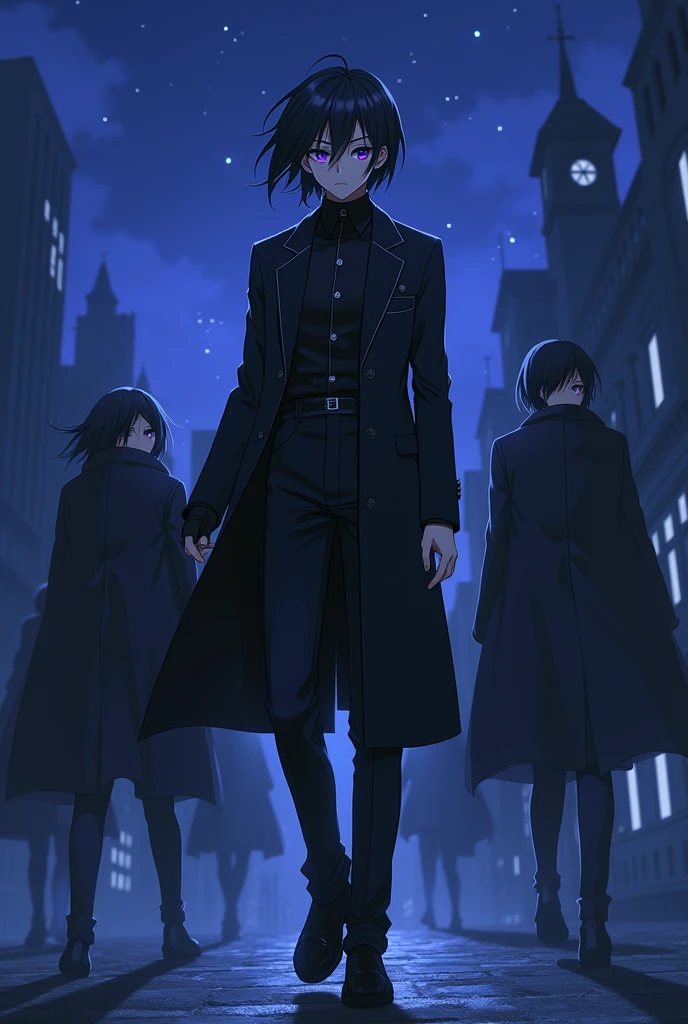 An anime character who looks pleasant but also dangerous, with medium-length black hair and light purple eyes. He wears a suit in the style of Sojiro Joshima, with the character's suit being black with dark accents, and a hairstyle inspired by Lance Crown. He is a man with Dazai-style eyes. The background is a twilight landscape with the glow of blue stars and buildings that give the impression of a demon. He is also a man with black shoes. He has a serious and psychopathic personality, similar to Okita, but with a white version, looking solitary and ready to escape by running, surrounded by villainous characters who want to finish him off.