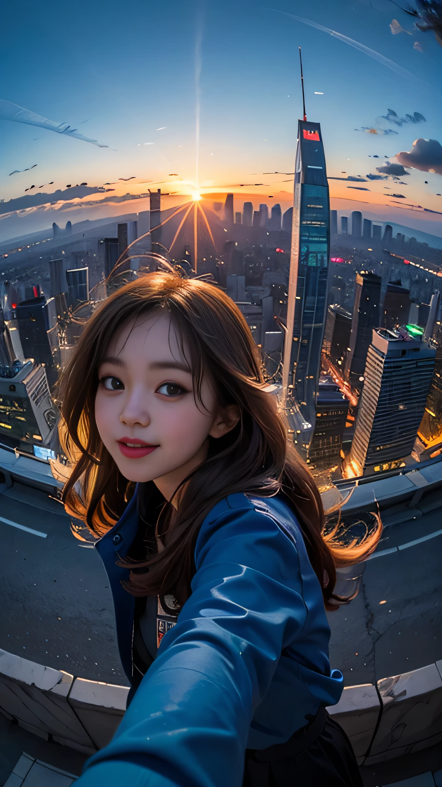 One girl, Korean, Fisheye Lens, Selfie, Wind, Messy Hair, sunset, Cityscape, (Aesthetics and atmosphere:1.2),smile