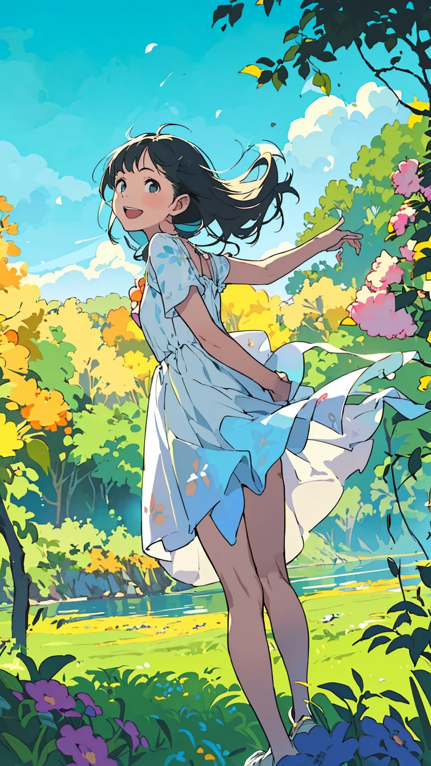 reasonable design, Clear lines, High Sharpness, (highest quality,4k,Perfect sharpness,Ultra fine,High resolution,masterpiece:1.2), Perfect Anatomy:1.5, Official Art, Illustrations that tell a story, (Whitish background:0. 9)、Body Positivity、More Mr.Physical expression、(Random and mischievous poses)、Perfect beauty、Perfect beautiful face、Strong winds、A rich expression、Dynamic composition、smile、Golden ratio composition、colorful、(Mr.Different angles and perspectives)、Anime Art、mini skirt、(Overcoming stereotypes)、 Glowing Skin、(Natural beauty)、smile、bangs、Straight Hair、(Soft and flowing hair)、(Rural Scenery)、(Nostalgic atmosphere)、Insert up to the thighs、(Playful and carefree)、(More Mr.Ethnic characters)、(innocent attitude)、(Sunny atmosphere)、Skirt flipped up、(Bright colors)、Belly button exposed、Beautiful Eyes、A skirt fluttering in the wind、Put it in to your feet、Some composition patterns、Tank top、Angle from behind、Angle from below、petal、