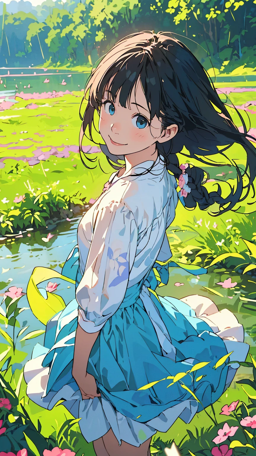 Reasonable design, Clear lines, High Sharpness, (Highest quality,8k,Perfect sharpness,Ultra fine,High resolution,masterpiece:1.2), Perfect ???????:1.5, Official Art, Illustrations that tell a story, (Whitish background:0. 9）、Body Positivity、More Mr.Physical expression、（Random and energetic poses）、Perfect beauty、Perfect beautiful face、Strong winds、A rich expression、Dynamic composition、smile、Golden ratio composition、colorful、（(Mr.々Different angles and perspectives)）、Anime Art、(Mini dress)、（Overcoming stereotypes）、 Glowing Skin、（Natural beauty）、smile、bangs、（Soft and flowing hair）、（countryside）、（Nostalgic atmosphere）、Put up to your feet、（Playful and carefree）、（More Mr.Ethnic characters）、（innocent attitude）、（Sunny atmosphere）、(The skirt flutters wildly in the wind)、（Bright colors）、Beautiful Eyes、(Embarrassing)、Braided Hair、Summer Scene、Smiling among flowers、Side angle、