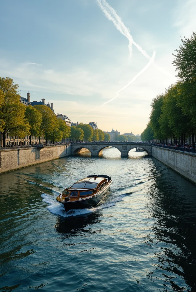 Image of the Seine River in Paris with a boat in the water in effect on top of this image